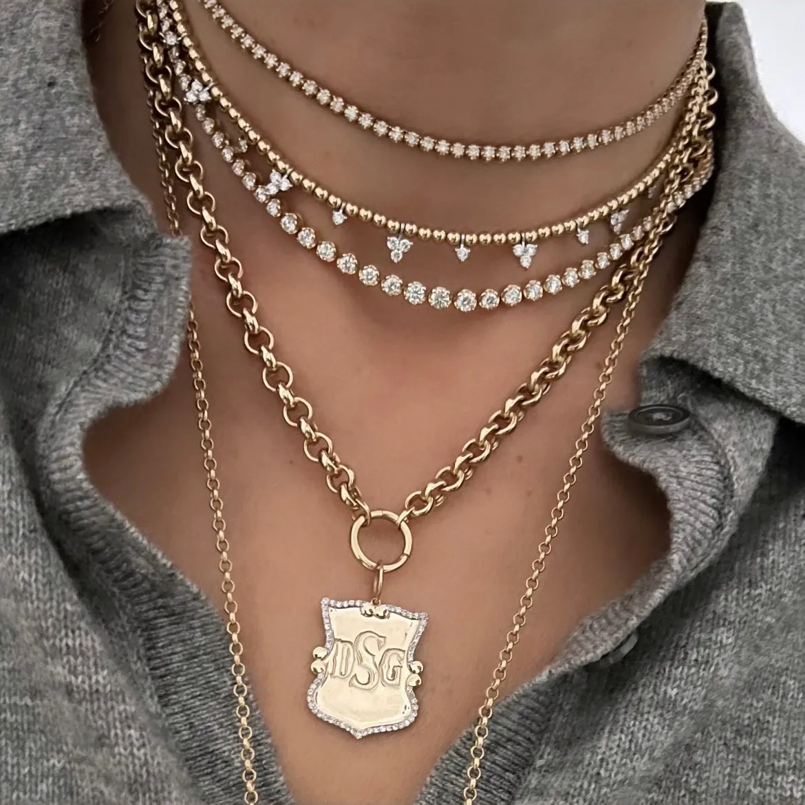 14KT Gold Diamond Medium Custom Shield Pendant Charm