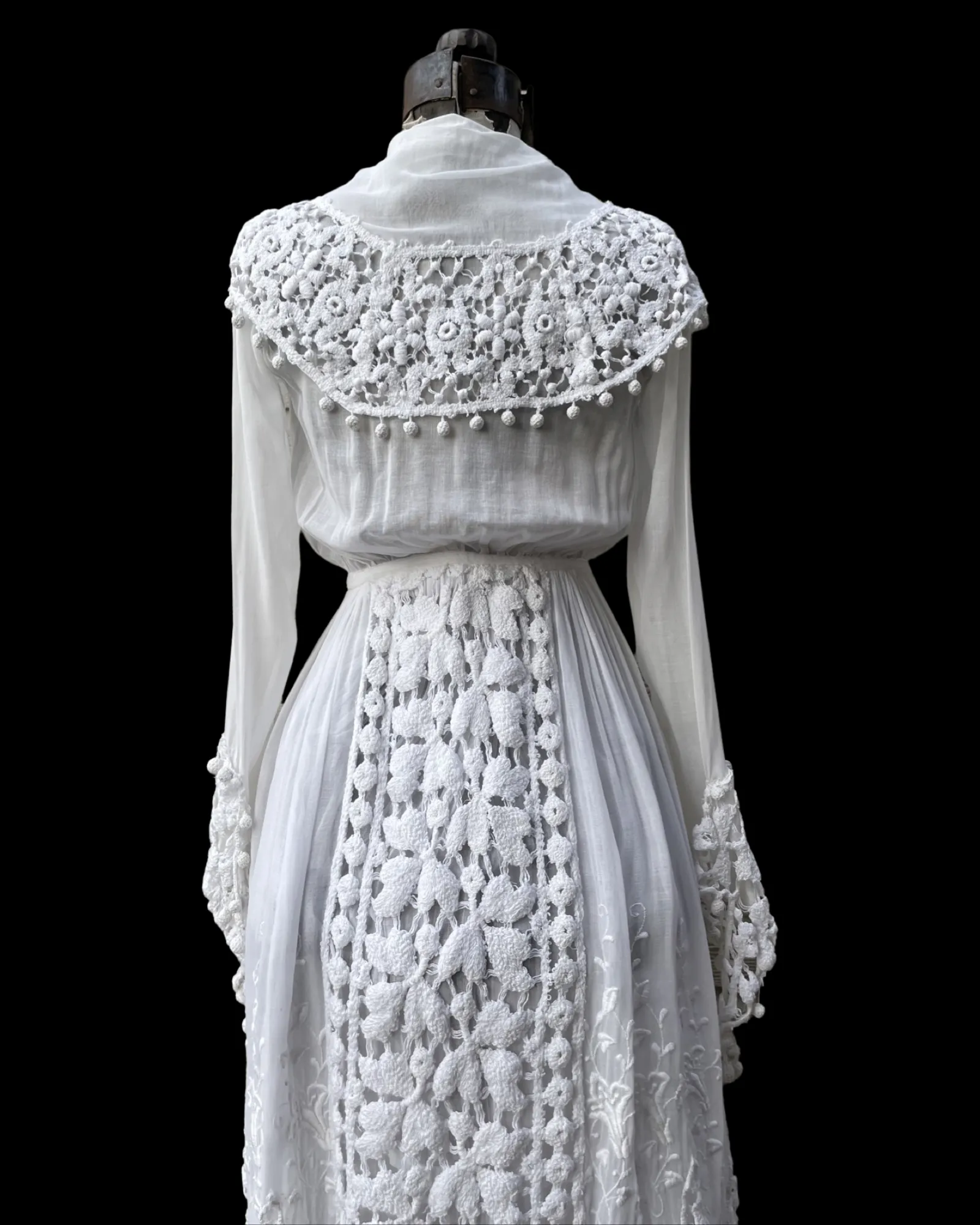 1910s Embroidered Crochet Lace Sailor Collar Cotton Lawn Dress