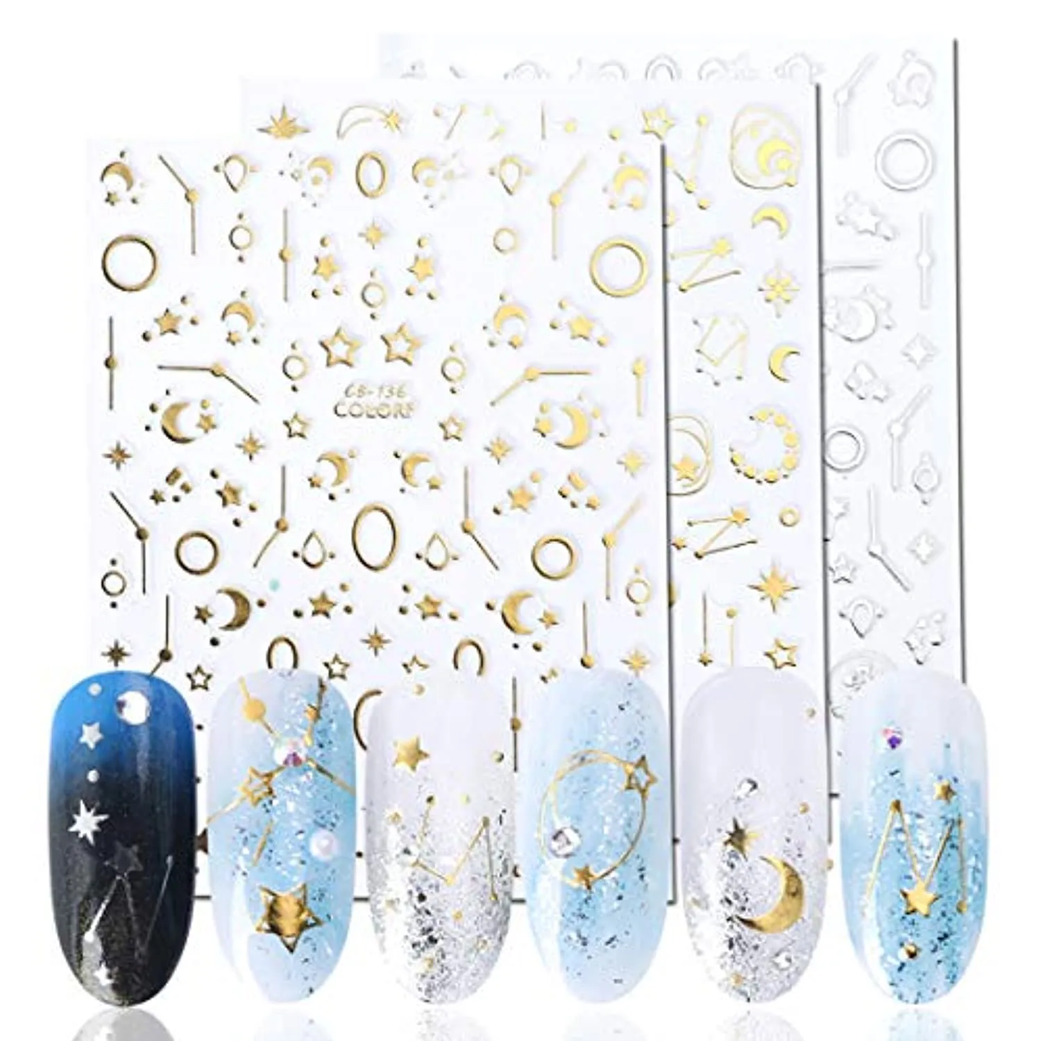 8 Sheets Moon Stars Nail Art Stickers Bronzing Silver Gold Metallic Nail Decals for Acrylic Nails 3D Self Adhesive Laser Flakes Stickers for Women Kids Girls Manicure Tips Nail Decoration Supply