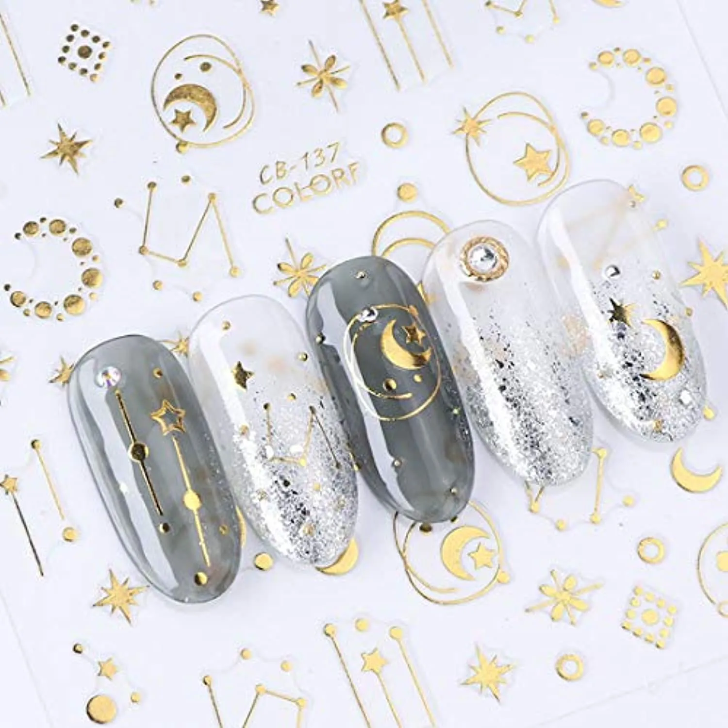 8 Sheets Moon Stars Nail Art Stickers Bronzing Silver Gold Metallic Nail Decals for Acrylic Nails 3D Self Adhesive Laser Flakes Stickers for Women Kids Girls Manicure Tips Nail Decoration Supply