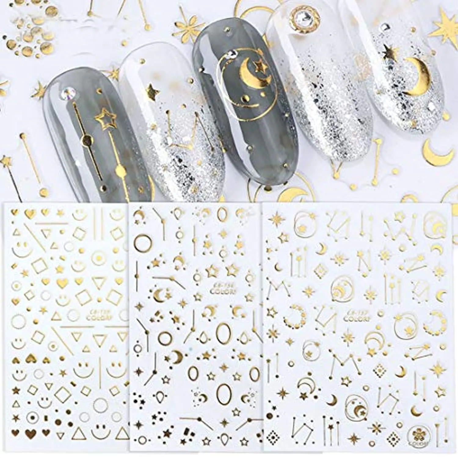8 Sheets Moon Stars Nail Art Stickers Bronzing Silver Gold Metallic Nail Decals for Acrylic Nails 3D Self Adhesive Laser Flakes Stickers for Women Kids Girls Manicure Tips Nail Decoration Supply