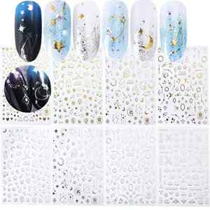 8 Sheets Moon Stars Nail Art Stickers Bronzing Silver Gold Metallic Nail Decals for Acrylic Nails 3D Self Adhesive Laser Flakes Stickers for Women Kids Girls Manicure Tips Nail Decoration Supply