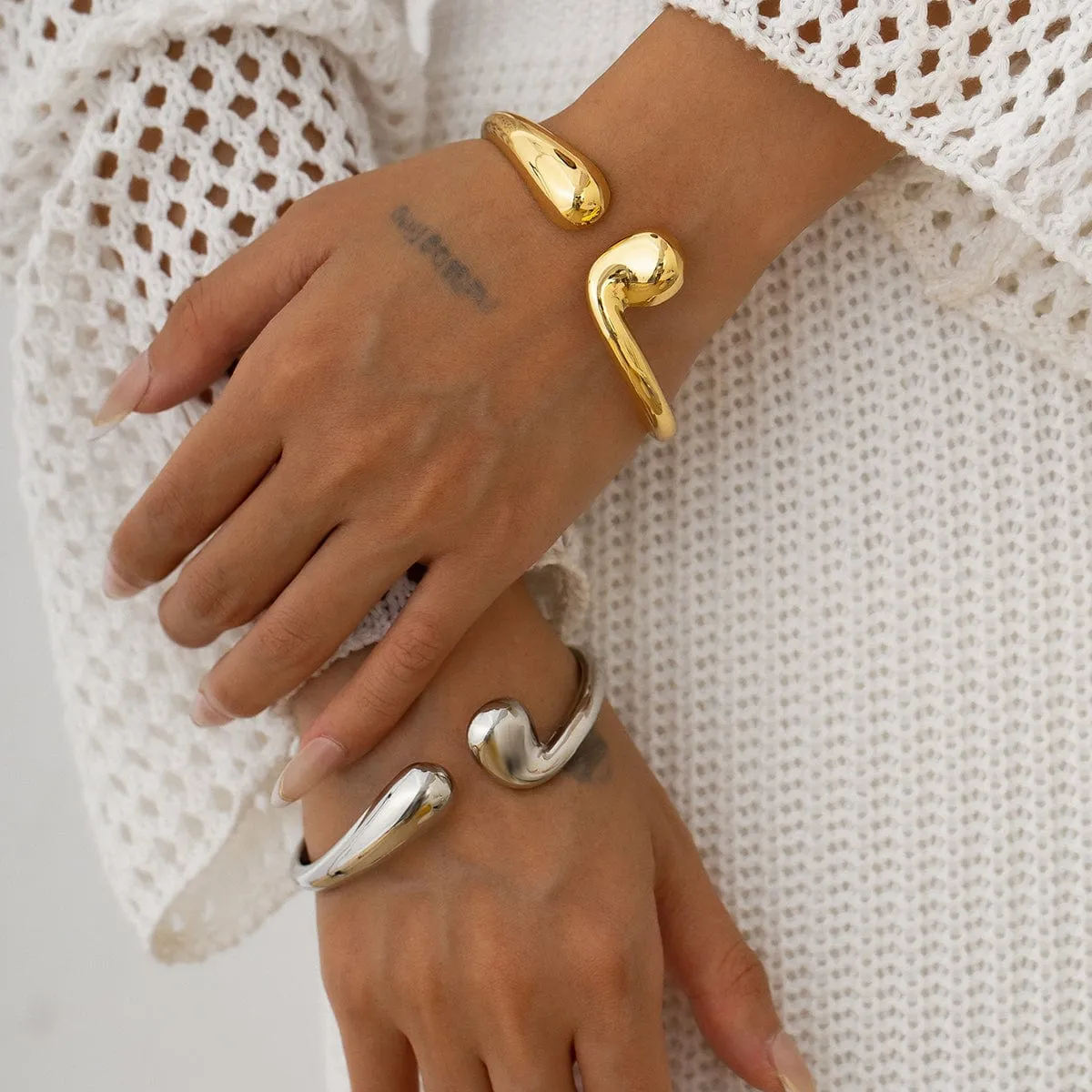 Abstract Gold Silver Tone Asymmetric Waterdrop Bangle Bracelet