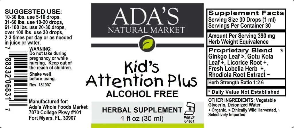 Ada's Natural Market - Kid's Attention Plus - Alcohol Free (1 oz / 30ml / 30 servings) - $0.37/serving*
