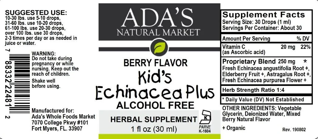 Ada's Natural Market - Kid's Echinacea Plus - Alcohol Free (1 oz / 30ml / 30 servings) - $0.37/serving*