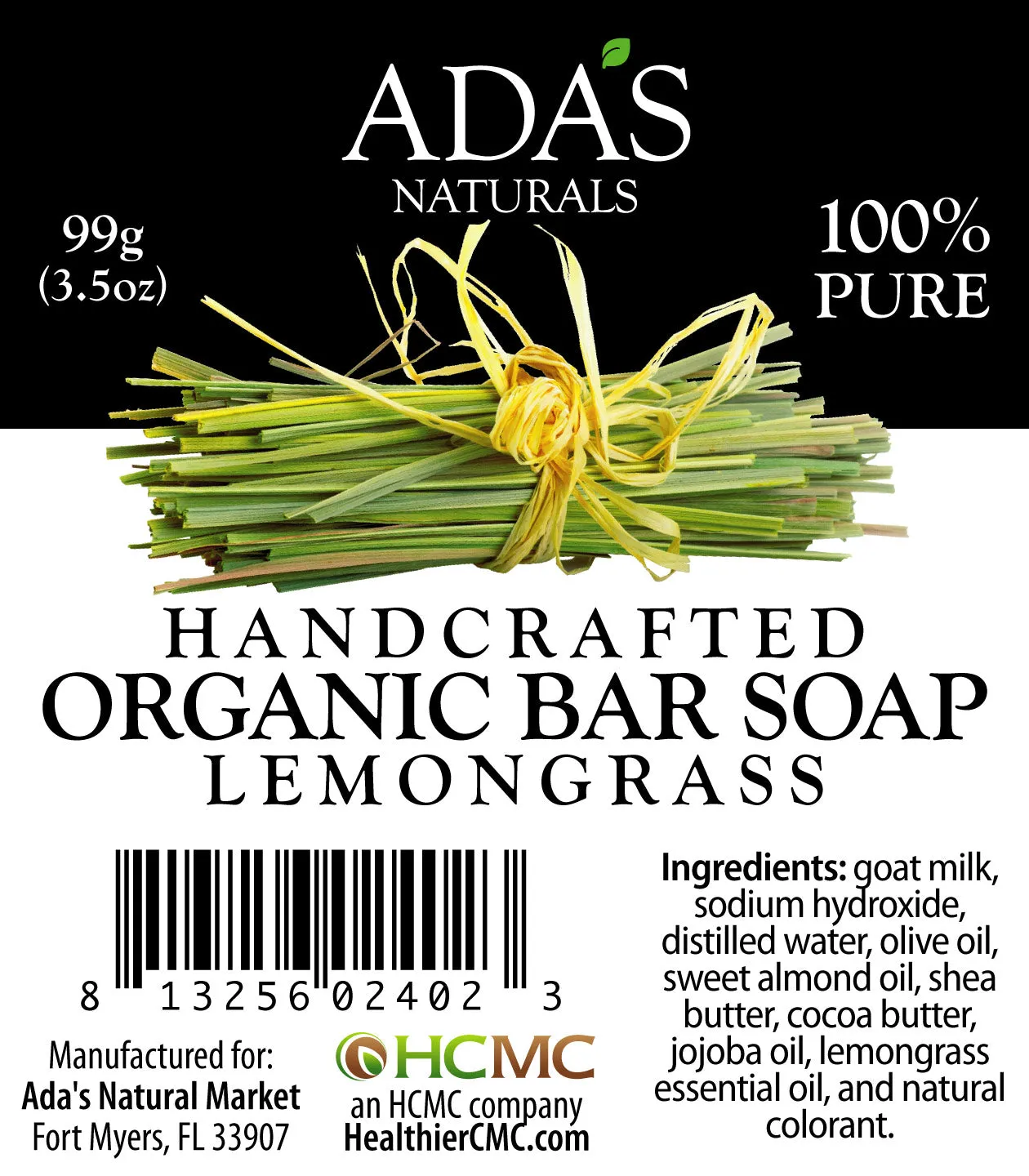 Ada's Naturals - Handcrafted Organic Bar Soap - Lemongrass (3.5 oz / 99g)