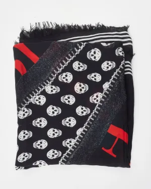 Alexander McQueen Black & White Skull & Zipper Chiffon Shawl Scarf
