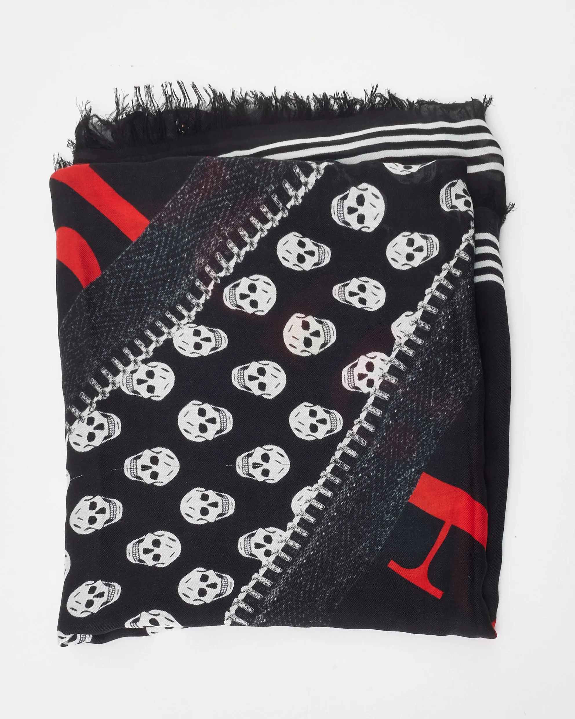 Alexander McQueen Black & White Skull & Zipper Chiffon Shawl Scarf