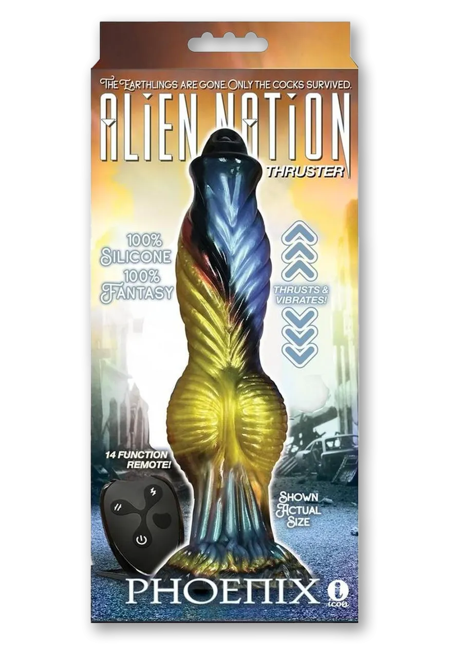 Alien Nation Phoenix Silicone Thrusting Dildo - Green/Yellow/Black