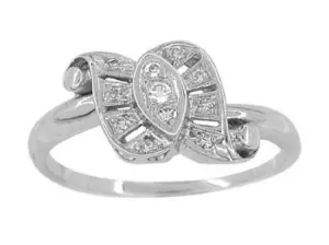 Antique Retro Moderne Scroll Bow Diamond Ring in 14 Karat White Gold