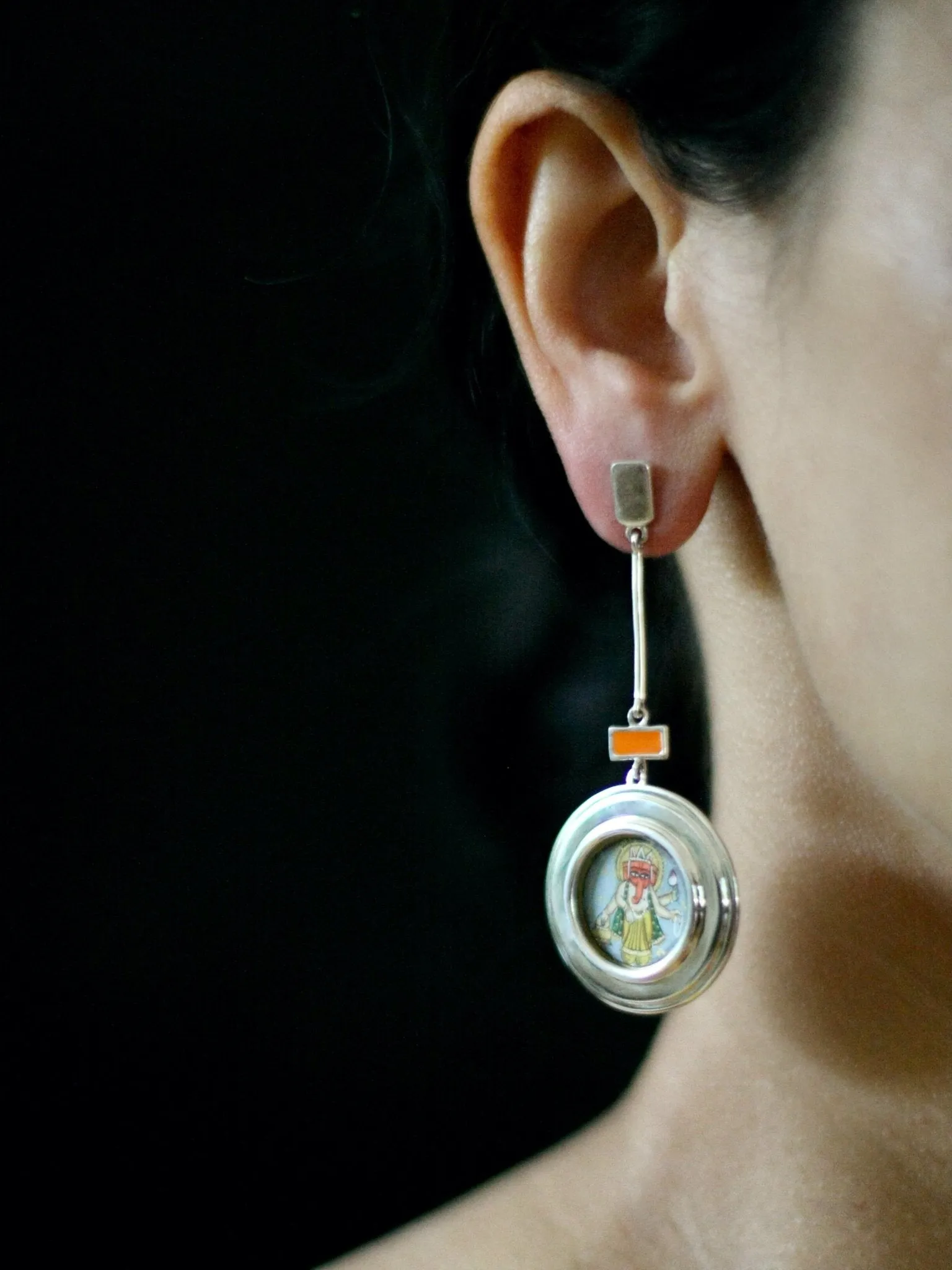 Asymmetrical, long, Lakshmi and Ganesha earrings