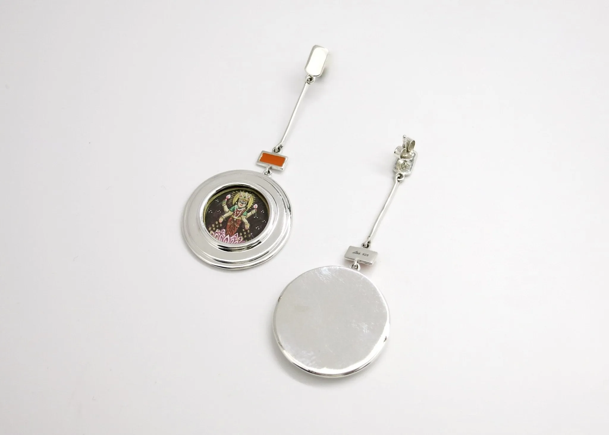 Asymmetrical, long, Lakshmi and Ganesha earrings