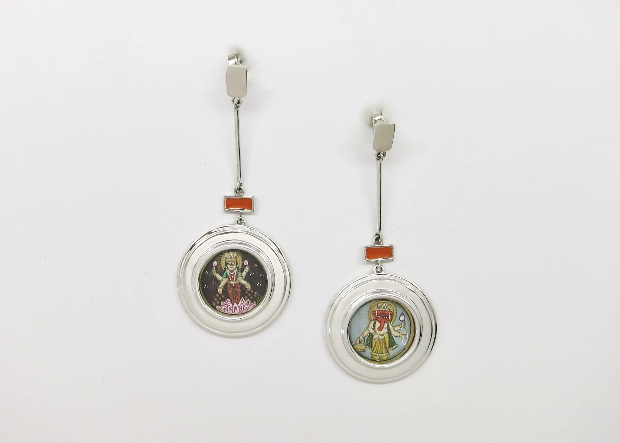 Asymmetrical, long, Lakshmi and Ganesha earrings