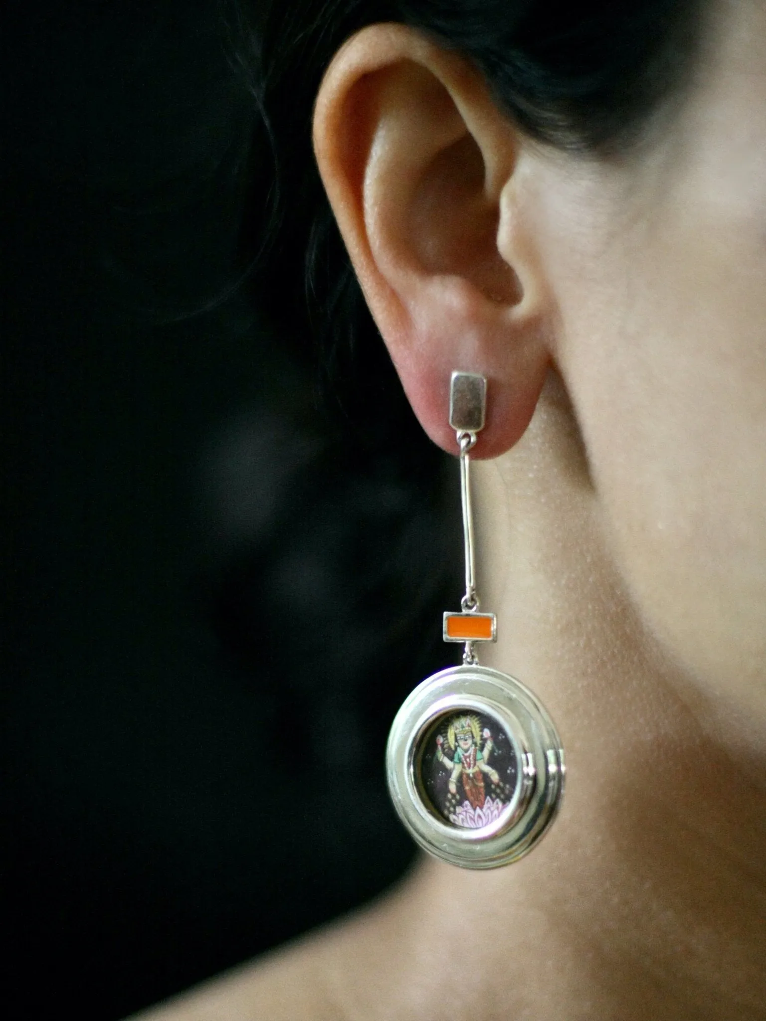 Asymmetrical, long, Lakshmi and Ganesha earrings
