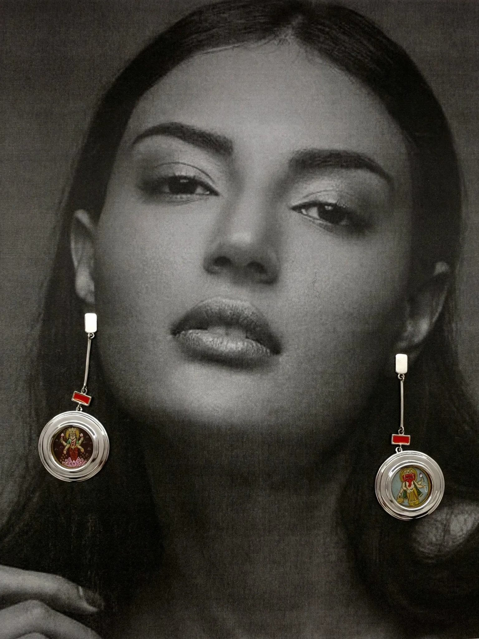 Asymmetrical, long, Lakshmi and Ganesha earrings