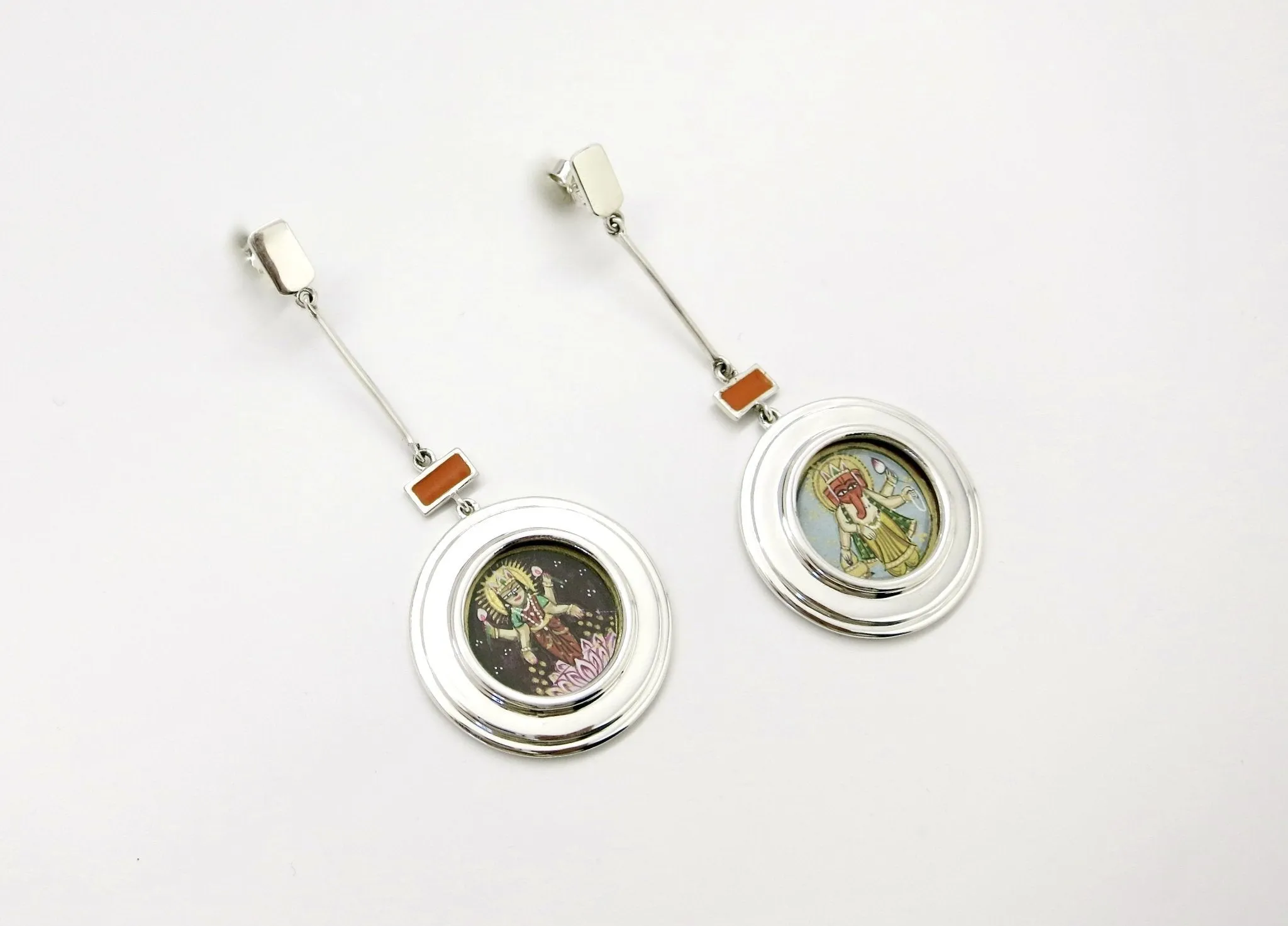 Asymmetrical, long, Lakshmi and Ganesha earrings