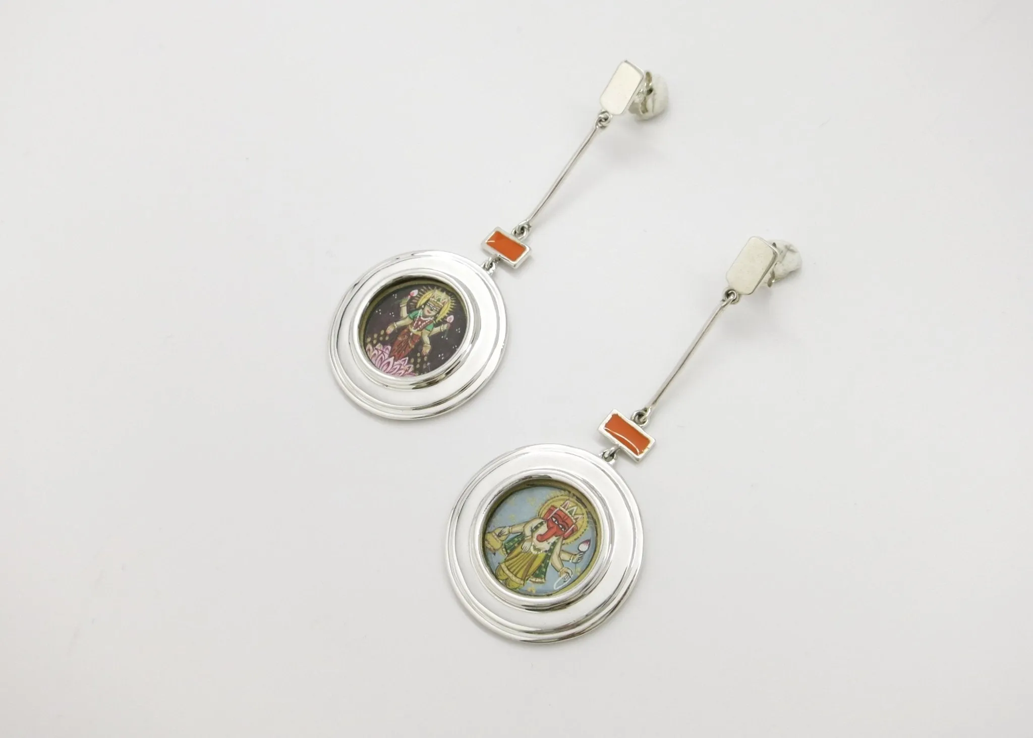 Asymmetrical, long, Lakshmi and Ganesha earrings
