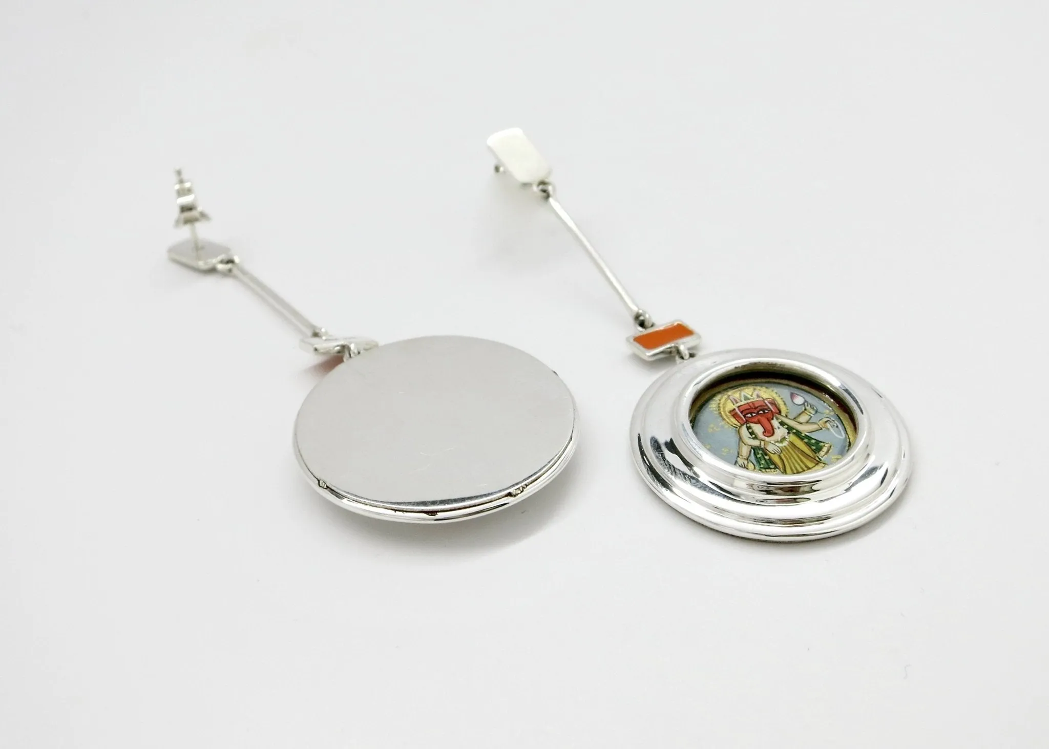 Asymmetrical, long, Lakshmi and Ganesha earrings