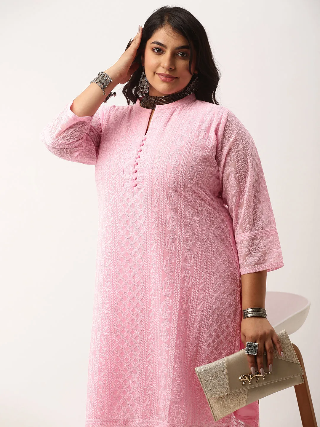 Baby Pink Paisley Embroidered Georgette Lucknowi Chikankari Kurta For Women - ZOLA