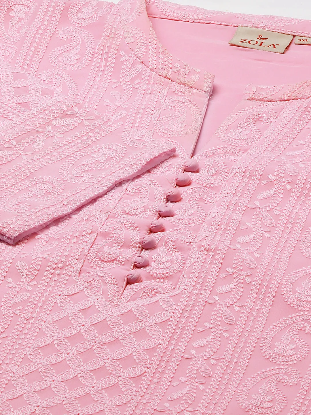 Baby Pink Paisley Embroidered Georgette Lucknowi Chikankari Kurta For Women - ZOLA