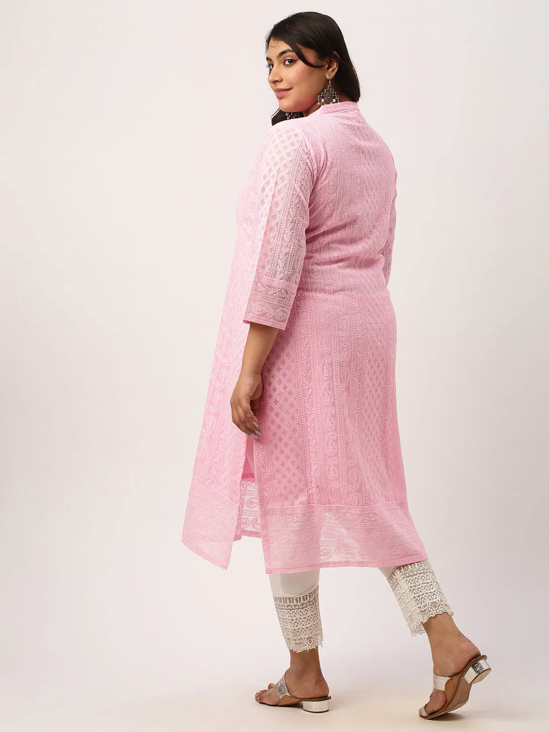 Baby Pink Paisley Embroidered Georgette Lucknowi Chikankari Kurta For Women - ZOLA