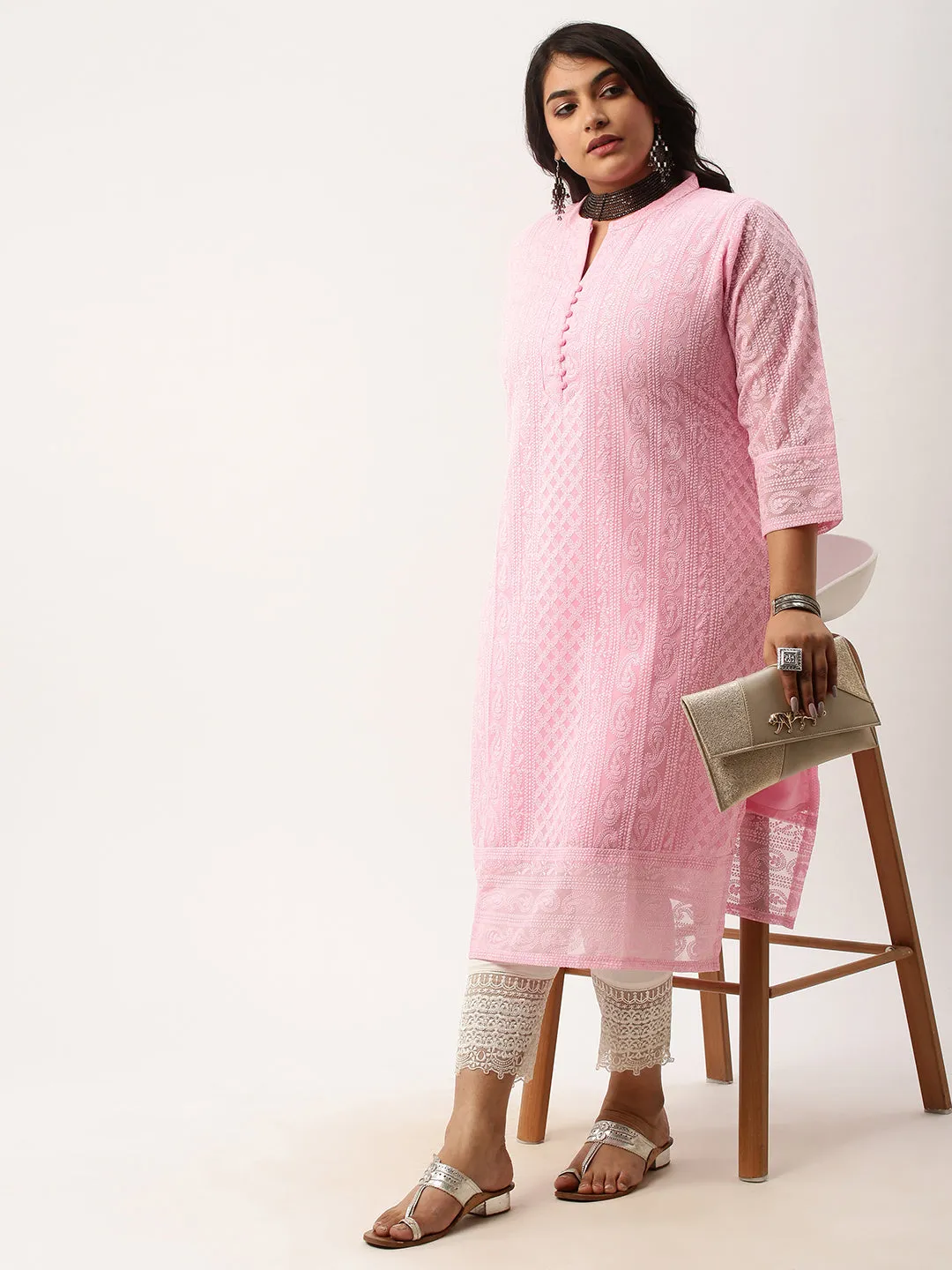 Baby Pink Paisley Embroidered Georgette Lucknowi Chikankari Kurta For Women - ZOLA