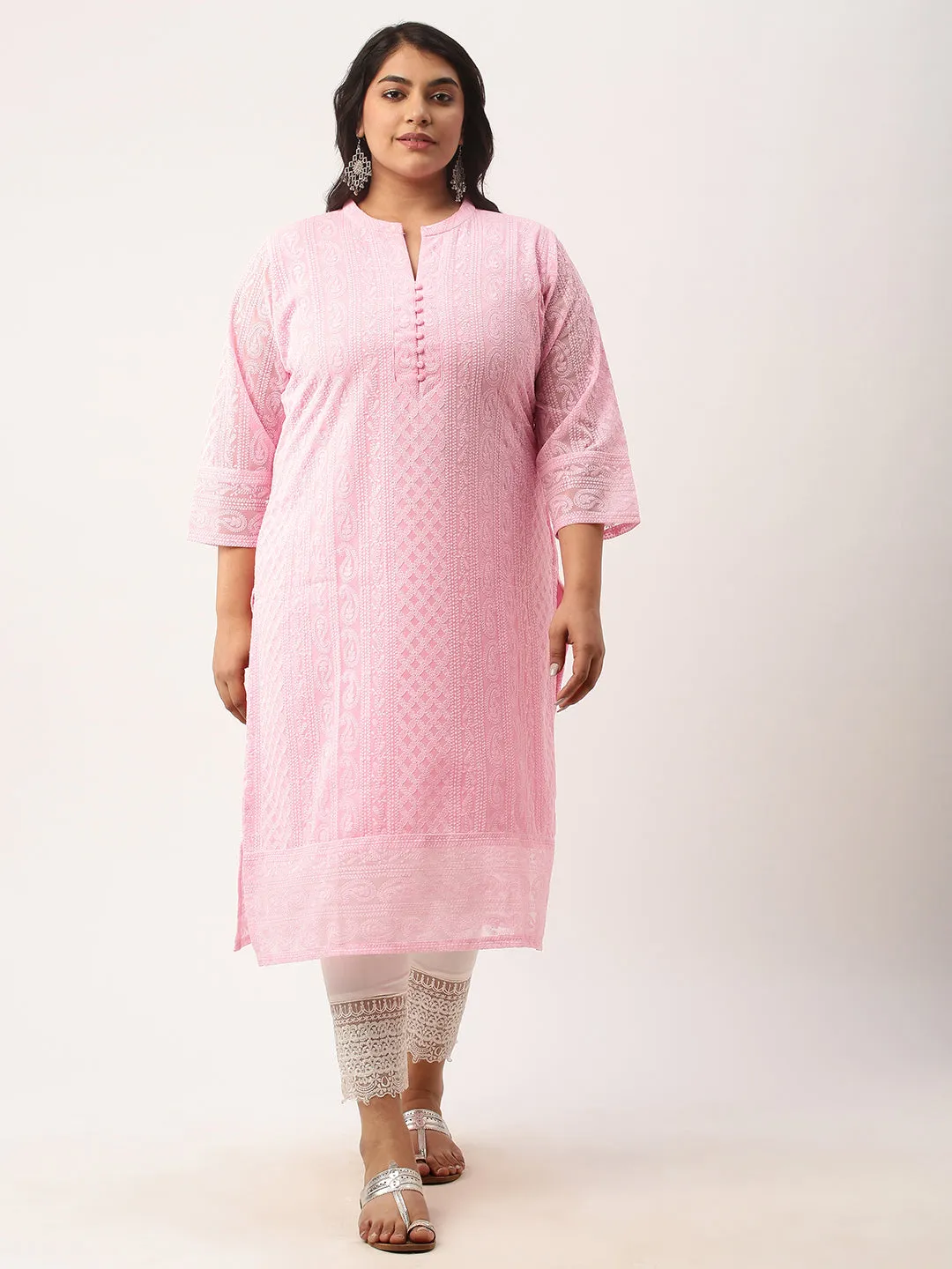 Baby Pink Paisley Embroidered Georgette Lucknowi Chikankari Kurta For Women - ZOLA