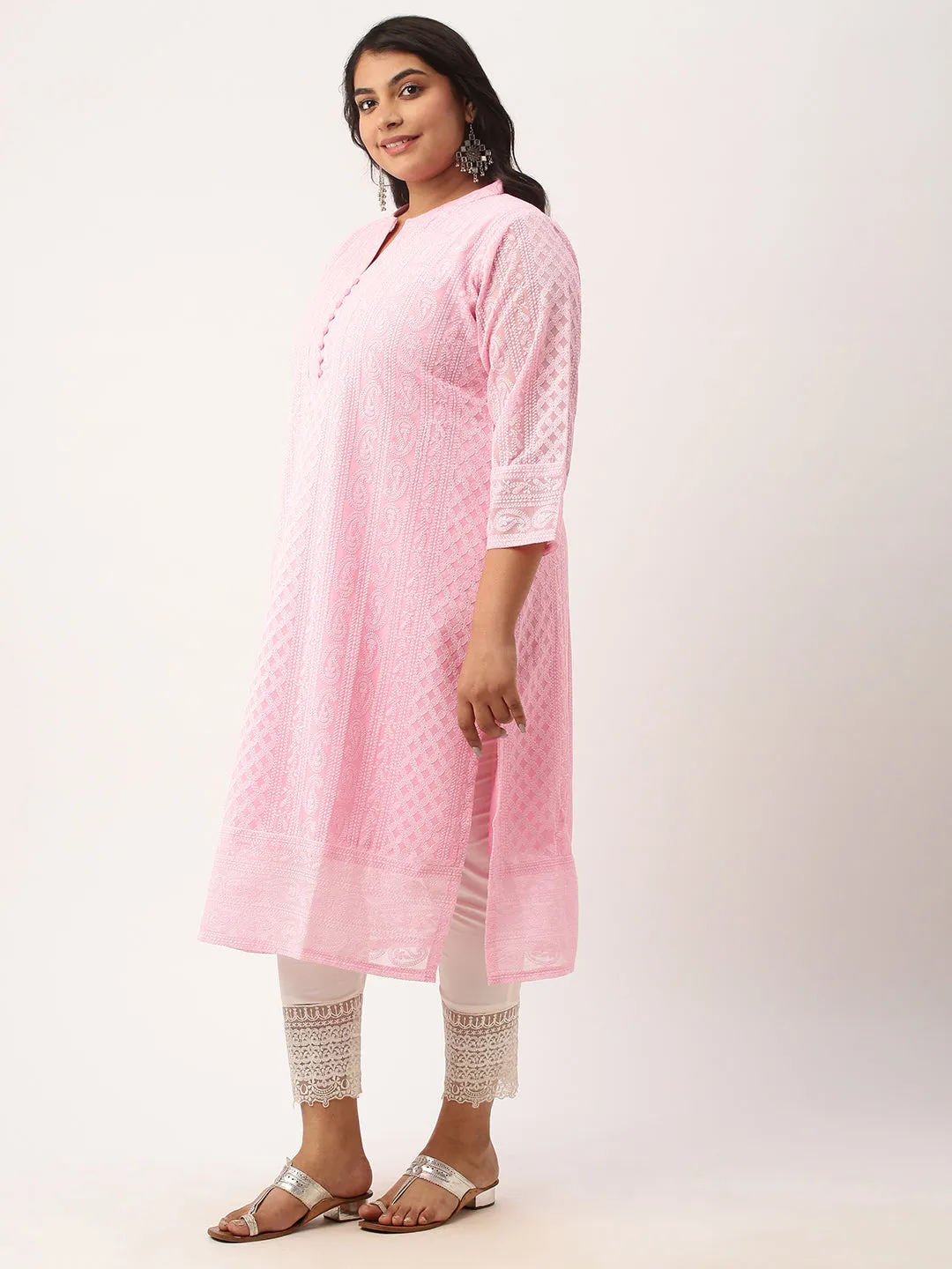 Baby Pink Paisley Embroidered Georgette Lucknowi Chikankari Kurta For Women - ZOLA