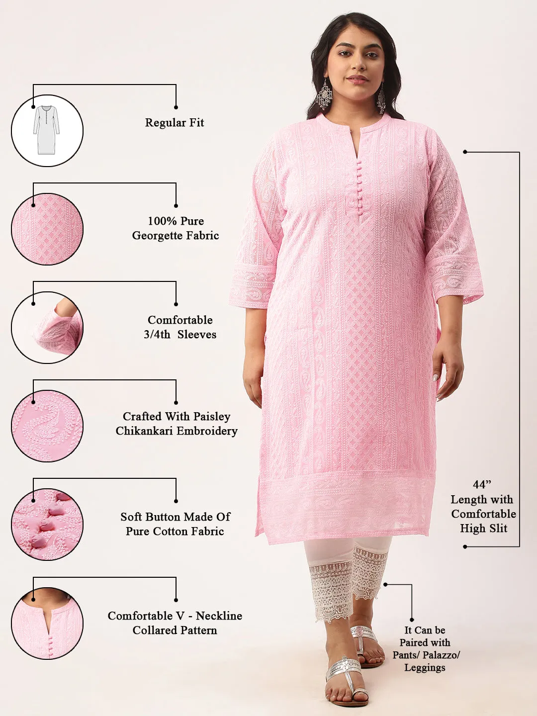 Baby Pink Paisley Embroidered Georgette Lucknowi Chikankari Kurta For Women - ZOLA