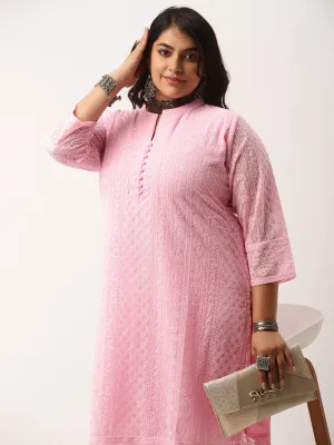 Baby Pink Paisley Embroidered Georgette Lucknowi Chikankari Kurta For Women - ZOLA