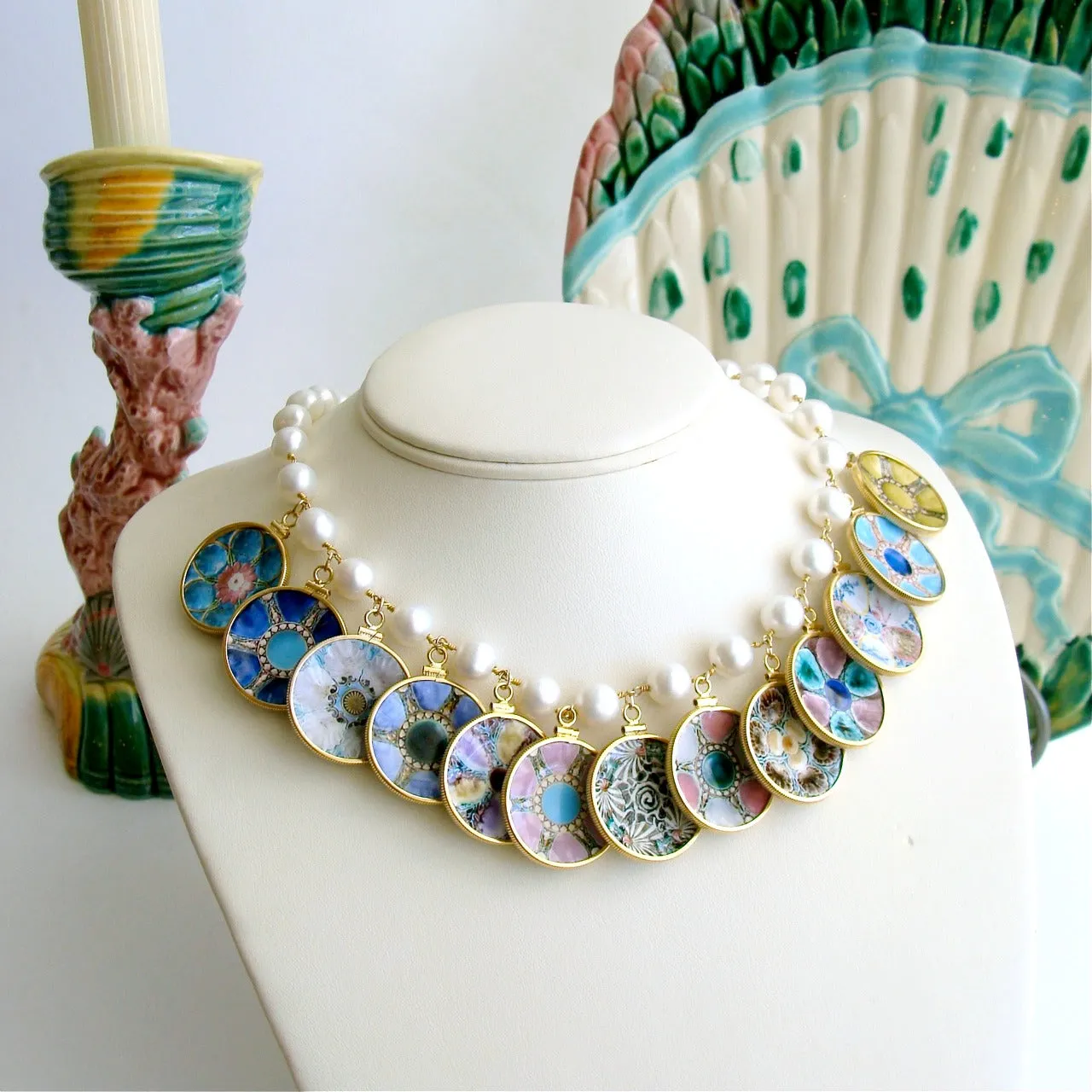Baroque Pearl Miniature Majolica Oyster Plates Charm Necklace - China Doll Majolica Necklace