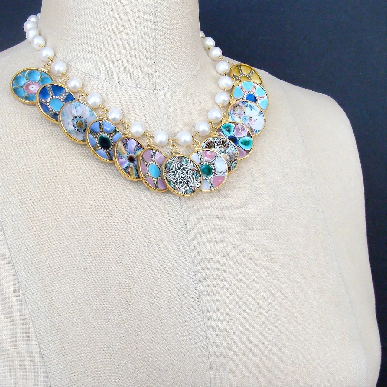 Baroque Pearl Miniature Majolica Oyster Plates Charm Necklace - China Doll Majolica Necklace