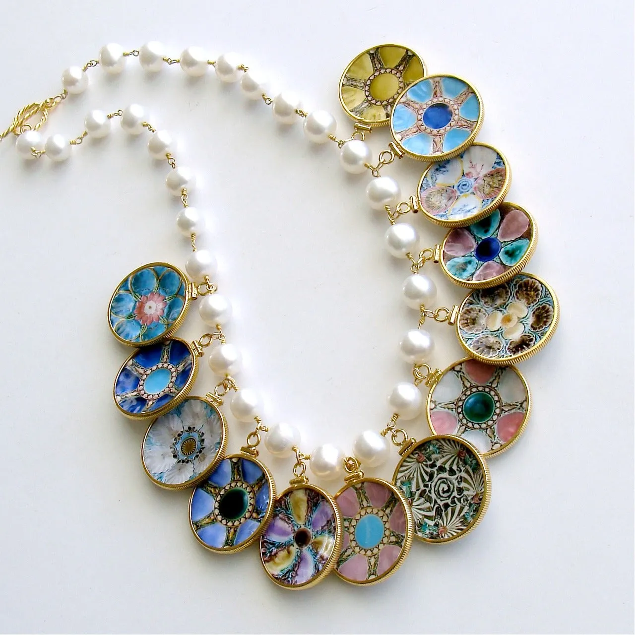 Baroque Pearl Miniature Majolica Oyster Plates Charm Necklace - China Doll Majolica Necklace