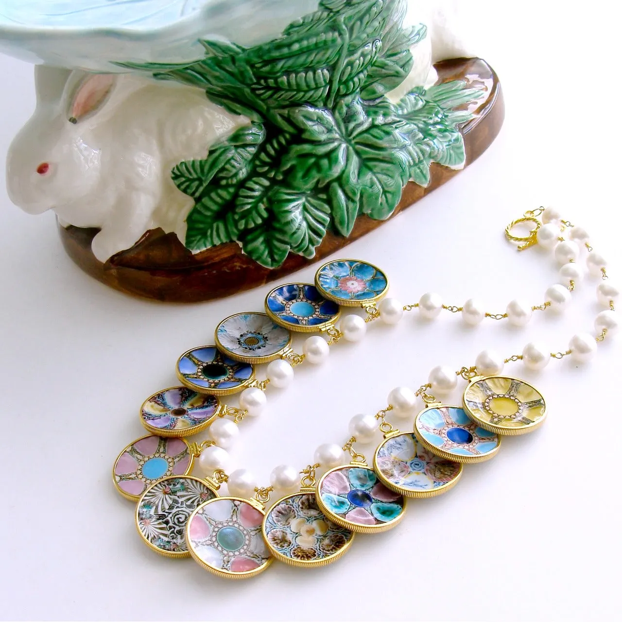 Baroque Pearl Miniature Majolica Oyster Plates Charm Necklace - China Doll Majolica Necklace