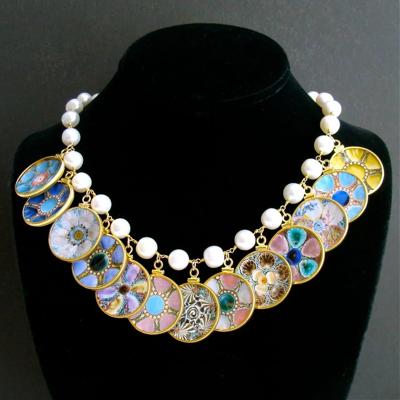Baroque Pearl Miniature Majolica Oyster Plates Charm Necklace - China Doll Majolica Necklace
