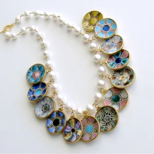 Baroque Pearl Miniature Majolica Oyster Plates Charm Necklace - China Doll Majolica Necklace