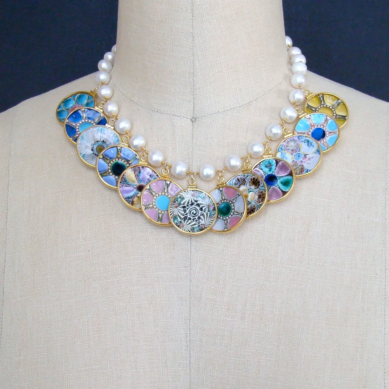 Baroque Pearl Miniature Majolica Oyster Plates Charm Necklace - China Doll Majolica Necklace