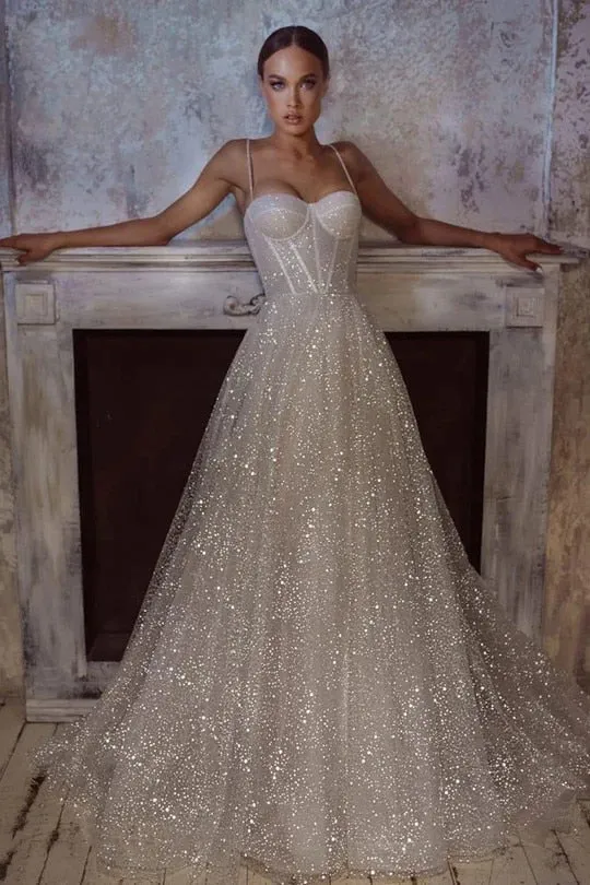 Beach Glitter Wedding Dress V Neck Party Bridal Dresses