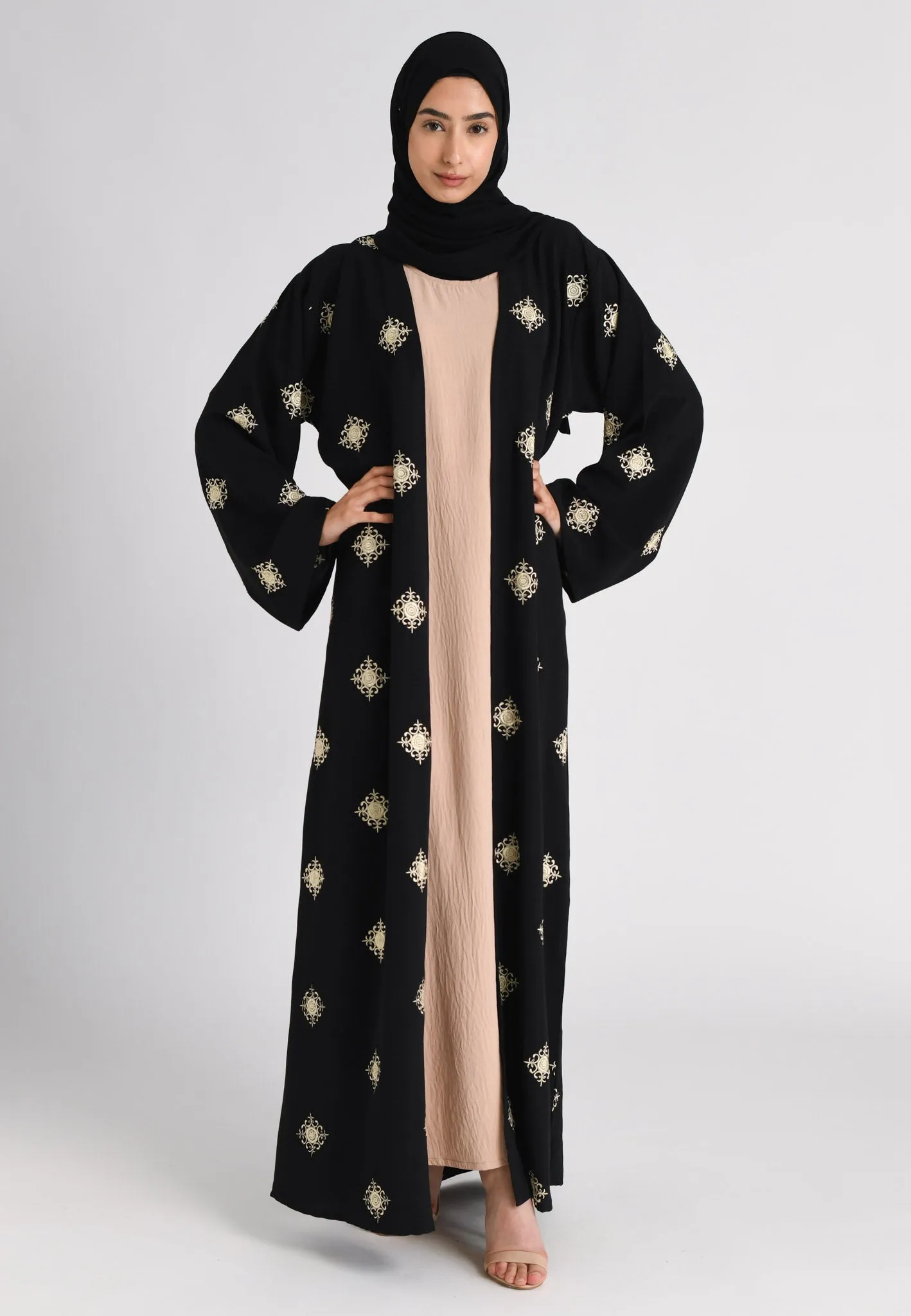 Black and Beige Regal Embroidered Abaya Set
