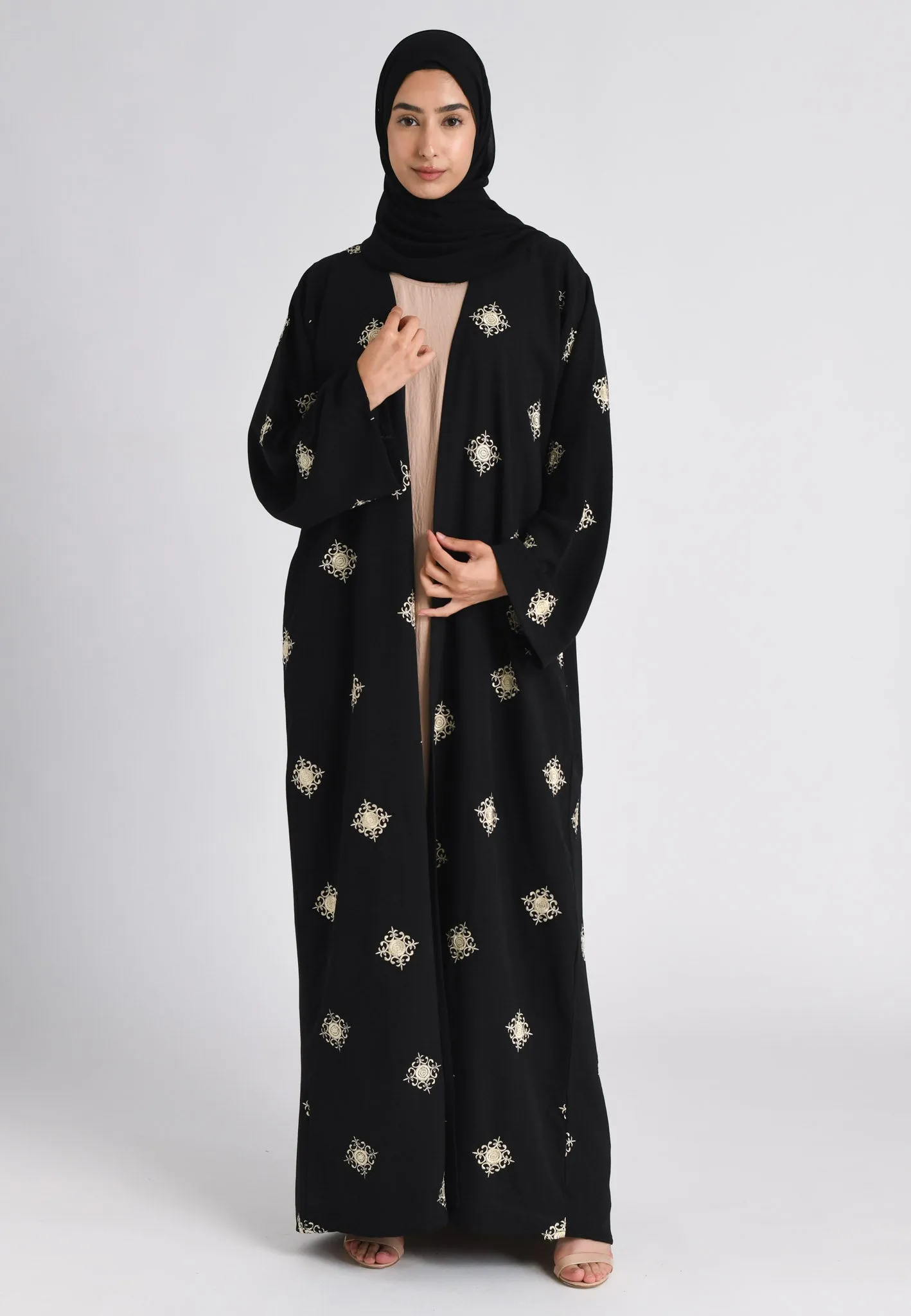 Black and Beige Regal Embroidered Abaya Set