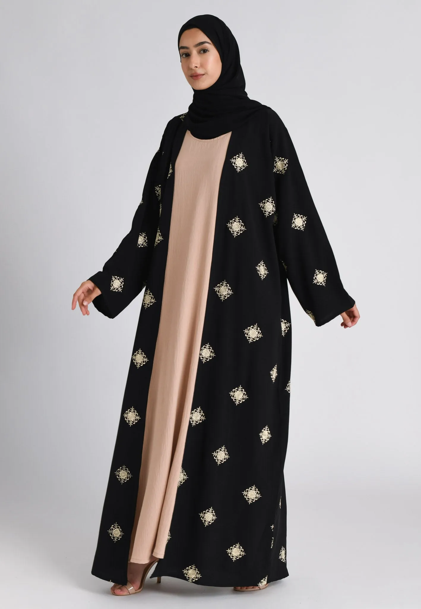 Black and Beige Regal Embroidered Abaya Set
