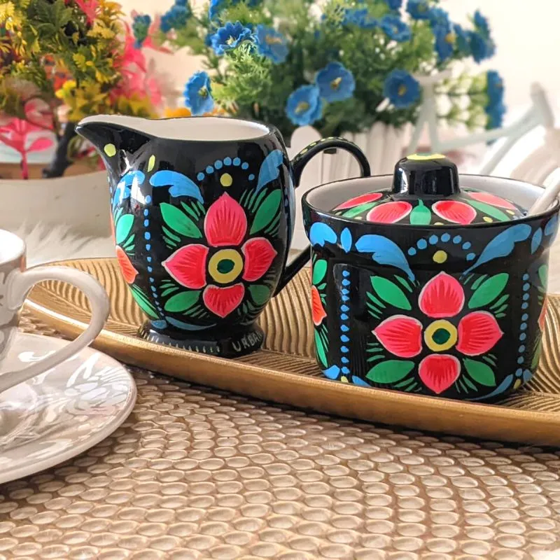 Black Hand Painted Milk & Sugar Pot
