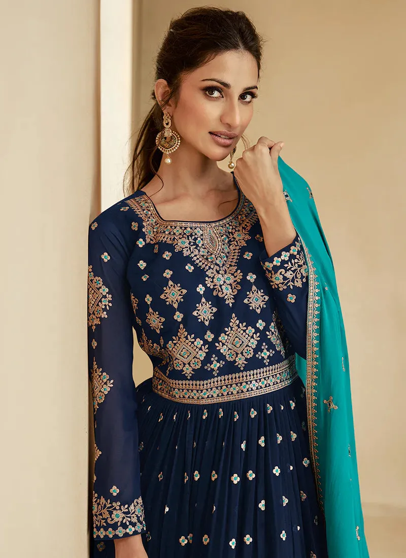Blue and Turquoise Embroidered Lehenga Choli