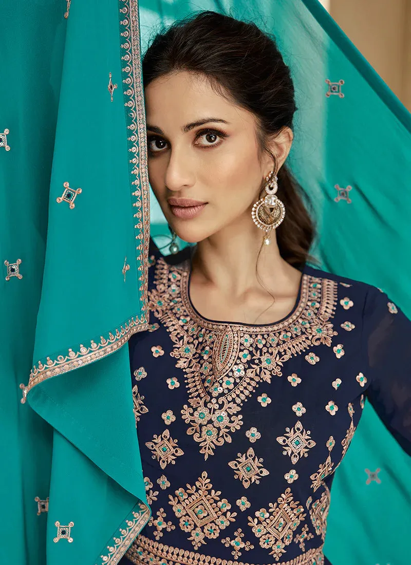 Blue and Turquoise Embroidered Lehenga Choli