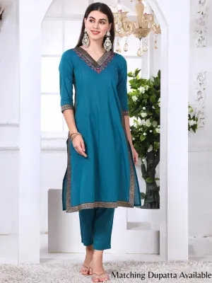 Blue Cotton Embroidered Kurta Set with Brocade Lace