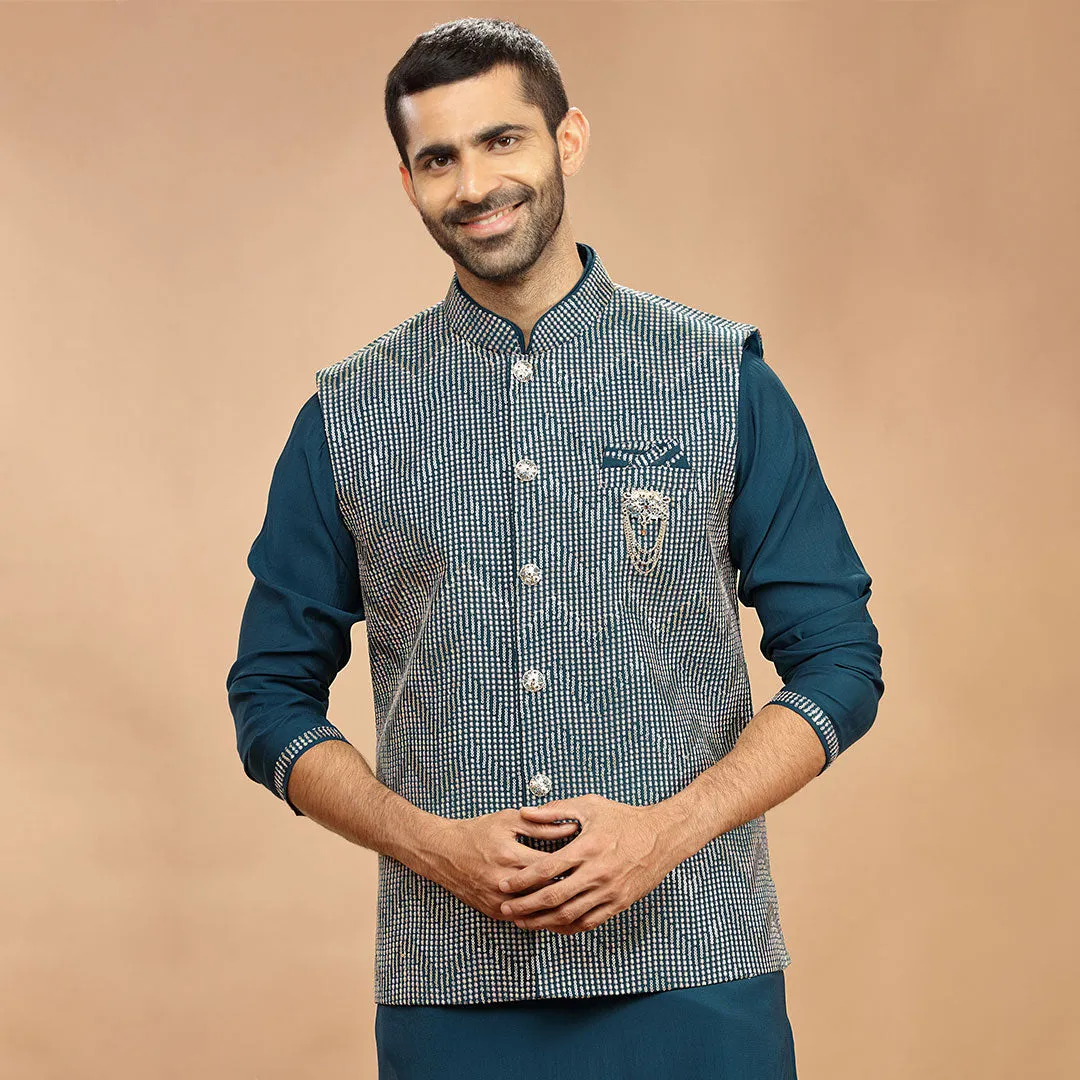 Blue Sequence Three Piece Jacket Kurta and Pants Set