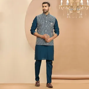 Blue Sequence Three Piece Jacket Kurta and Pants Set