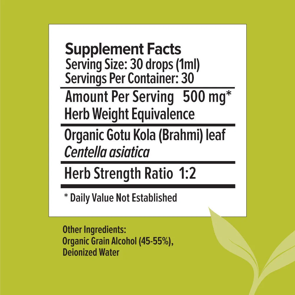 Brahmi/Gotu Kola liquid extract | Certified Organic | 30ml | Supports Healthy Brain