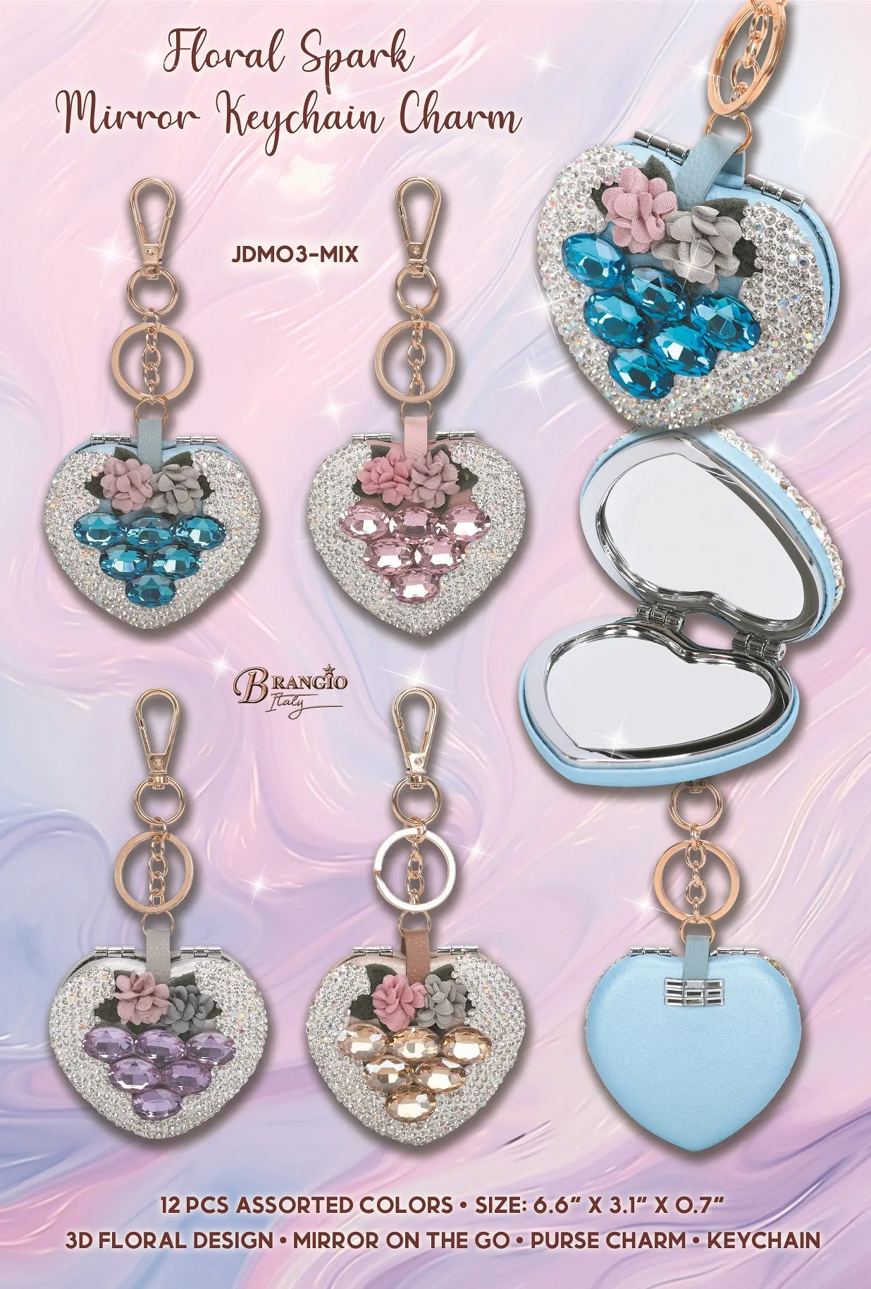 Brangio Sparkling Heart Keychain with a Floral Touch (6pcs mix colors)