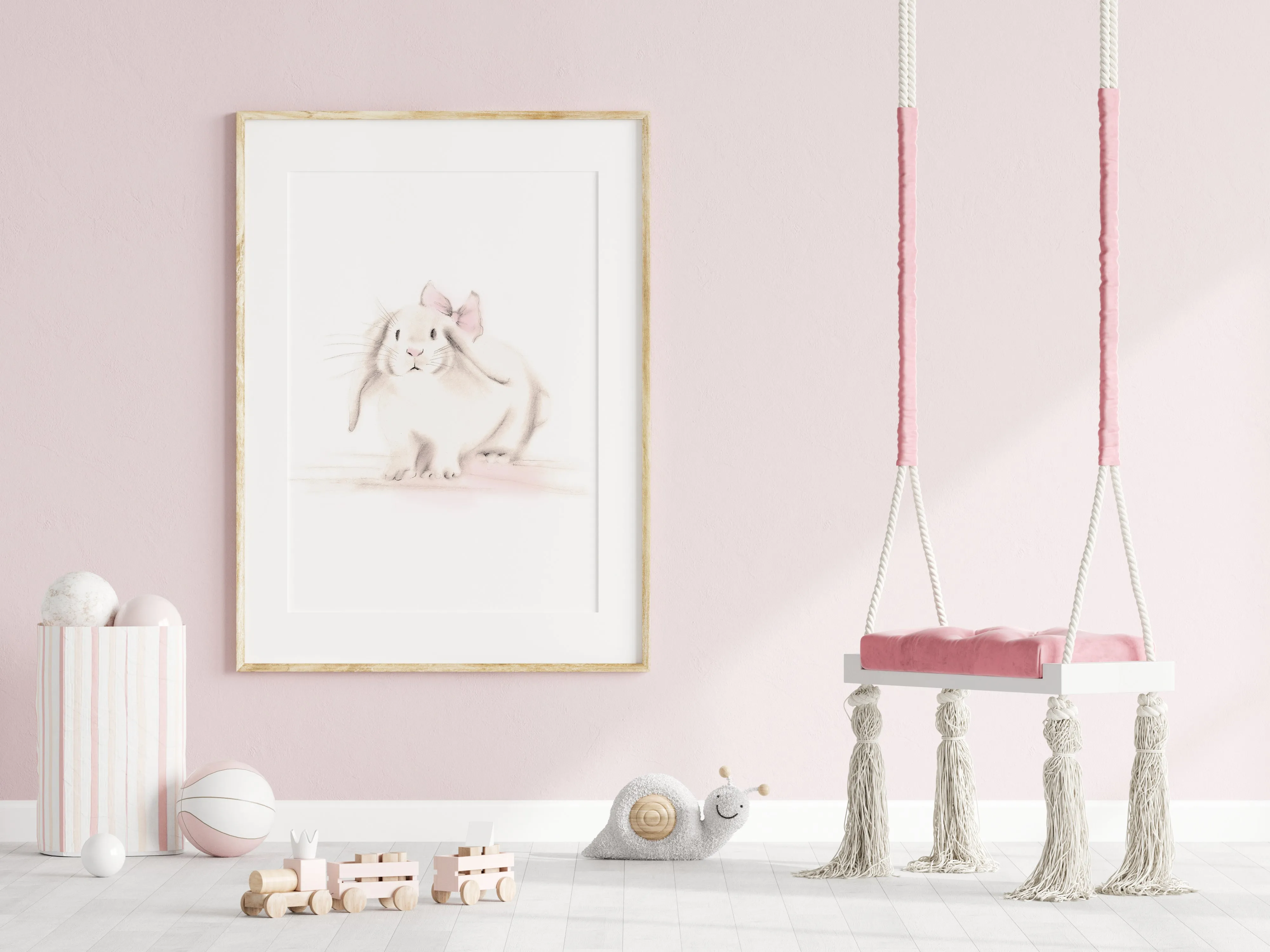 Bunny with Bow Nursery Print in Sweet Blush
